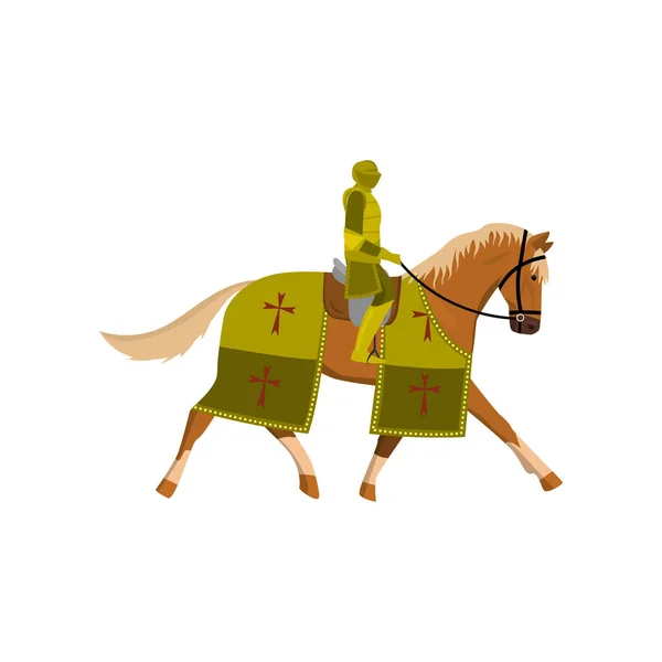 Middeleeuwse oude ridder in groene kleur Armor en bruin paard — Stockvector