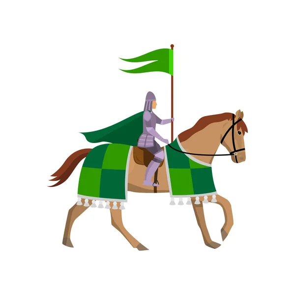 Μεσαιωνικός ιππότης με πράσινη σημαία σε ατσάλινη πανοπλία στο άλογο — Διανυσματικό Αρχείο