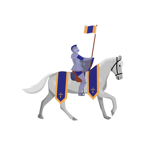 Royal Knight met vlag in staal armor en White Horse — Stockvector