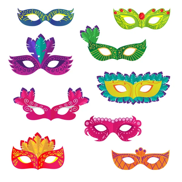 Набор разнообразных красочных карнавальных или праздничных декоративных масок — стоковый вектор