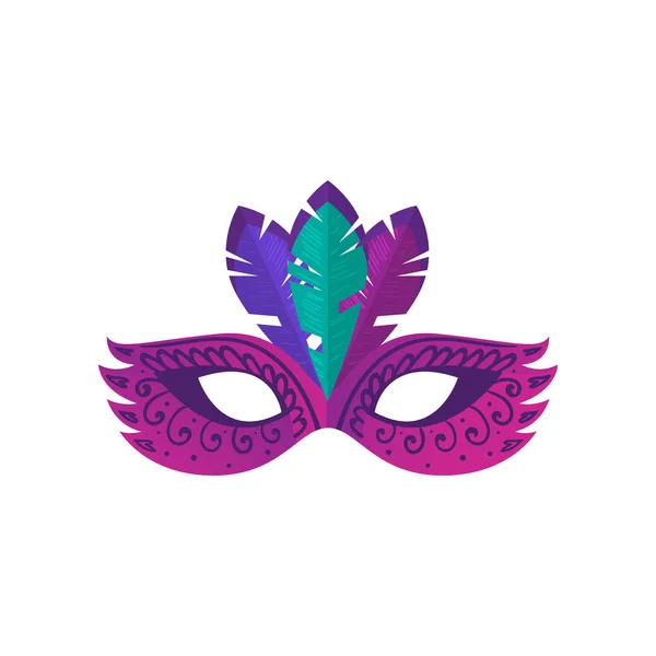Фиолетовая карнавальная маска с современным орнаментом и красочным пером — стоковый вектор