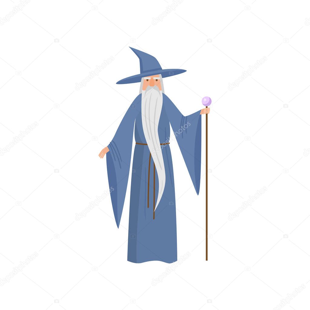 Fairy tale magician senior man with long blue clothes and white long beard. Flat style. Vector illustration on white background