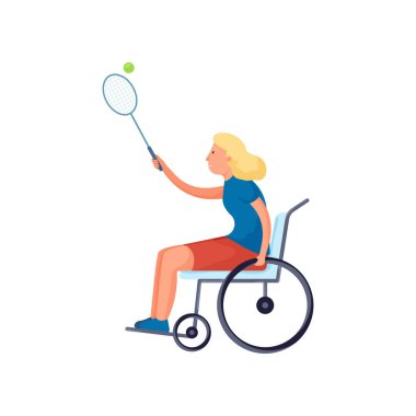 Tekerlekli sandalye de engelli sevimli sarışın kız tenis oynamak