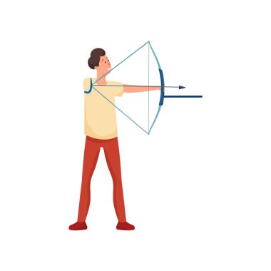 Eğilmiş el ile gülümseyen genç çocuk yay çekim için hazır