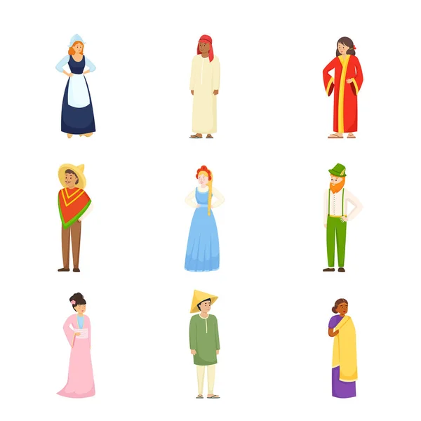 Conjunto de diferentes personajes de personas en ropa colorida nacional — Archivo Imágenes Vectoriales