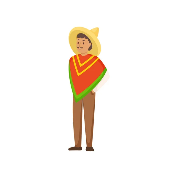 Joven hombre sonriente en ropa nacional mexicana con sombrero — Vector de stock