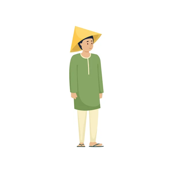Niedlicher Mann in asiatischer Nationalkleidung mit grünem Hemd — Stockvektor