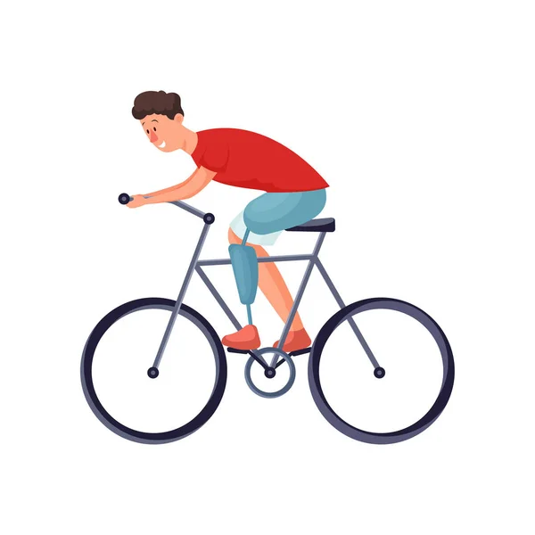 Netter kleiner Junge mit Beinprothese beim Fahrradfahren — Stockvektor