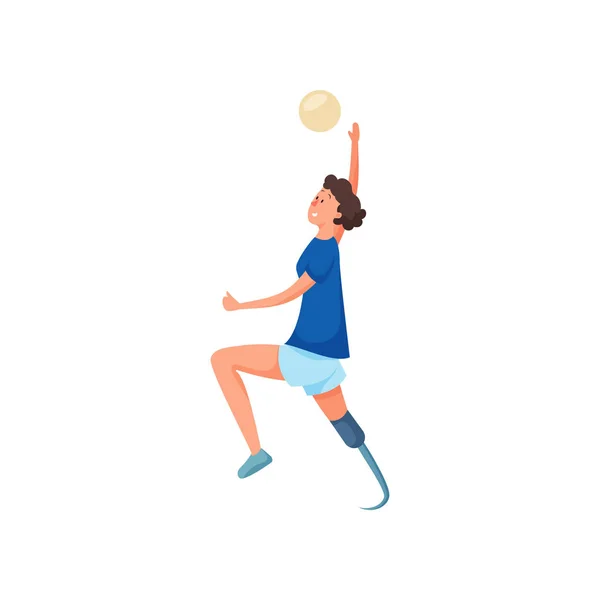 Jeune fille mignonne avec prothèse jambe jouer au volley-ball — Image vectorielle