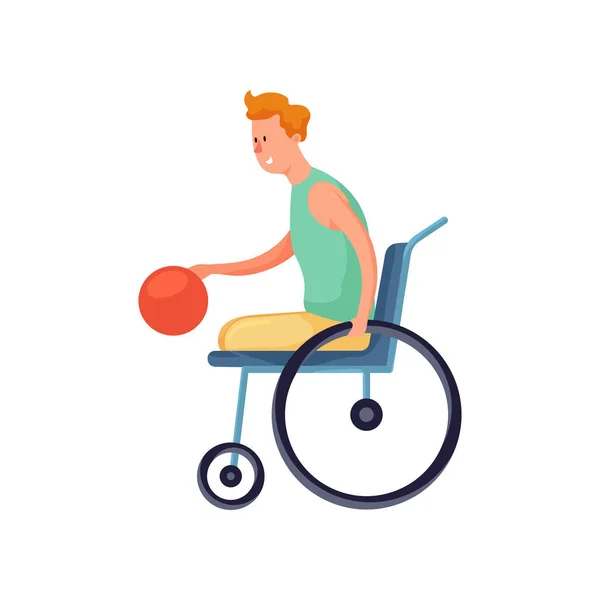 Χαριτωμένο χαμόγελο ανάπηρος αγόρι σε αναπηρικό καροτσάκι μπάσκετ — Διανυσματικό Αρχείο
