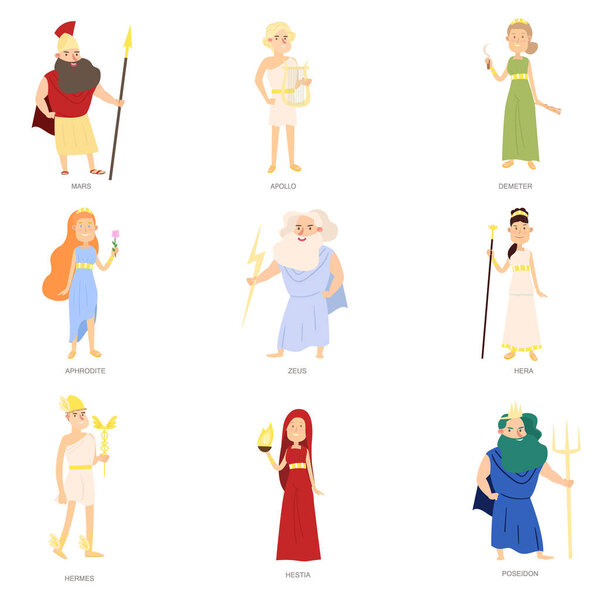 Set of greek ancient gods, different colorful character