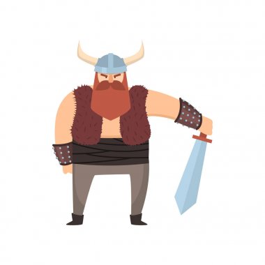 Boynuz kask ve çelik kılıç ile sevimli Viking savaşçı