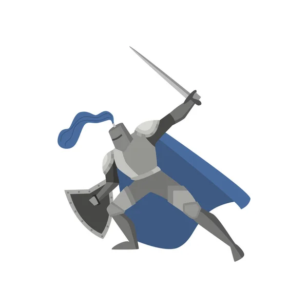 Caballero de cuento medieval en armadura metálica de acero con espada — Vector de stock