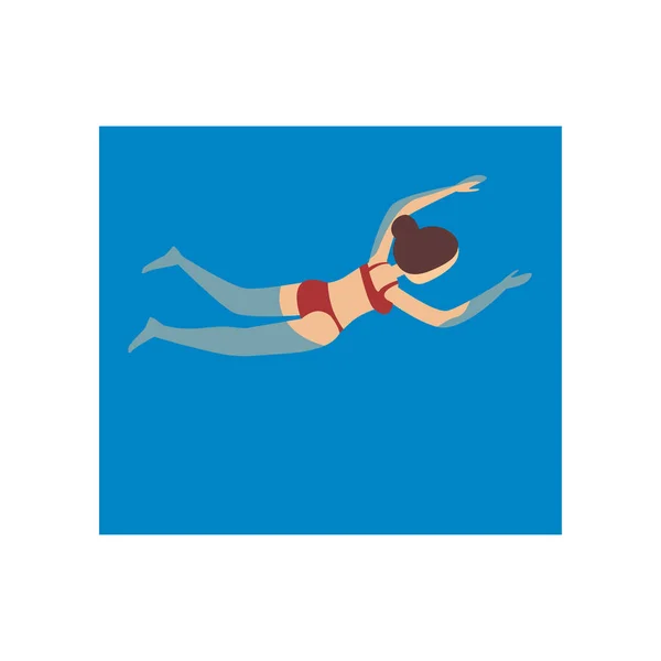 Linda joven en traje de baño rojo nadando en el océano — Vector de stock