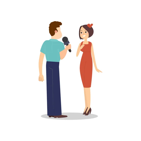 Male journalist with microphone taking interview sexy woman — Stock Vector