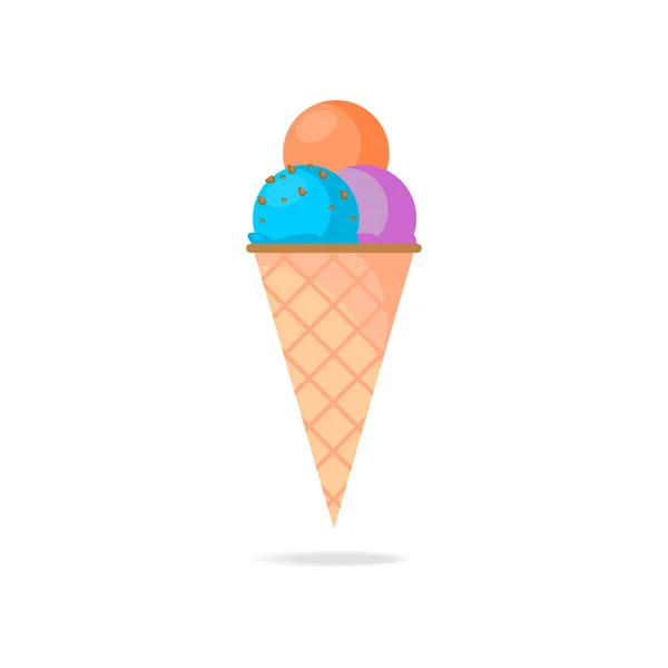 Sabroso helado de cono con hielo rojo, azul, bolas violetas — Vector de stock