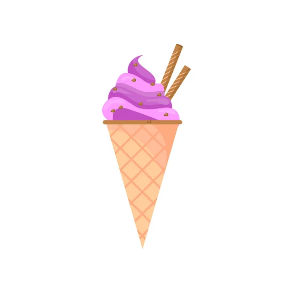 Sabroso rosa violeta cremoso cono helado — Vector de stock