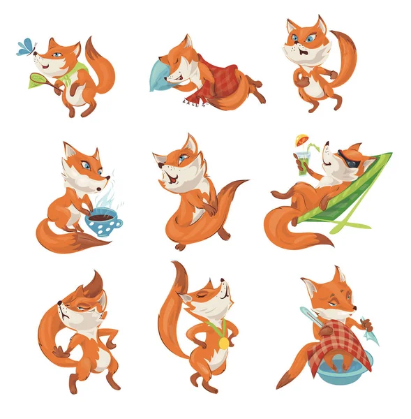 Set di carino personaggio volpe colorato in diverse azioni — Vettoriale Stock