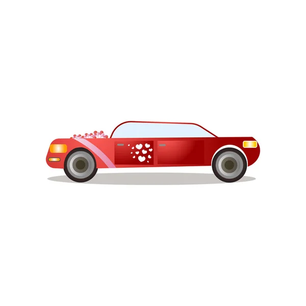 Limousine moderne de couleur rouge avec rubans rouges et autocollants coeur — Image vectorielle