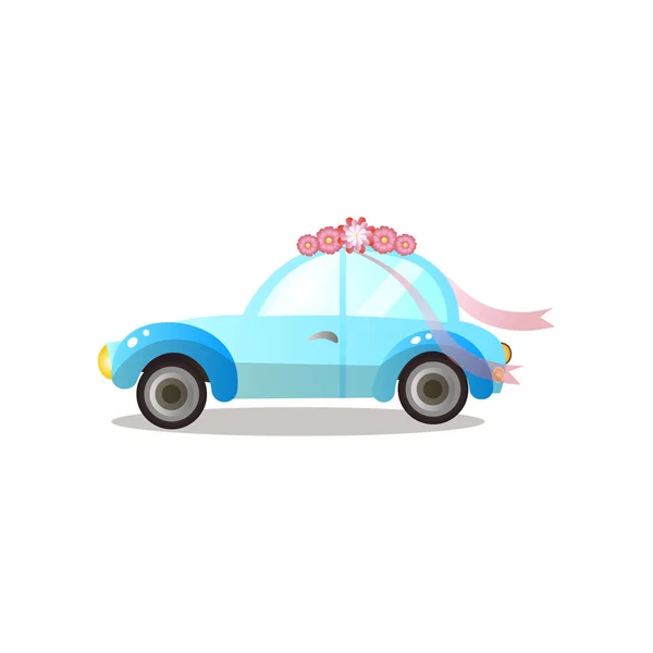 Vue latérale de la voiture bleue rétro avec fleurs et ruban — Image vectorielle