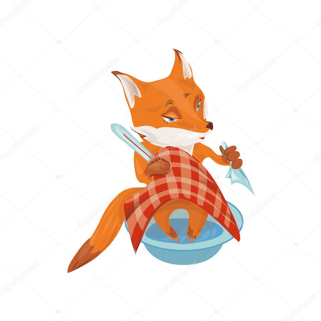 Cute red fox is sick, medical thermometer and legs in hot water. Cartoon style. Vector illustration on white background