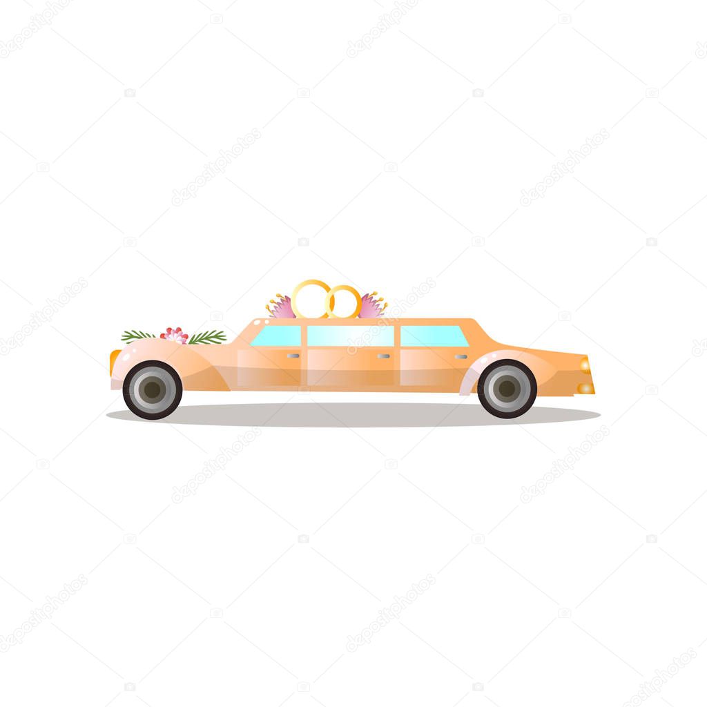 Long gold color just married limousine with flowers and rings, just married. Cartoon style. Vector illustration on white background