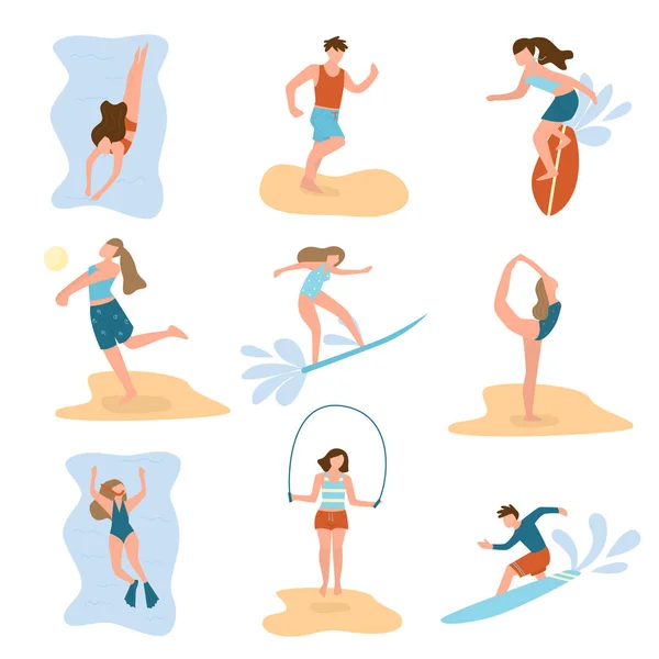 Conjunto de personajes de la gente, practica diferentes deportes de verano playa — Vector de stock