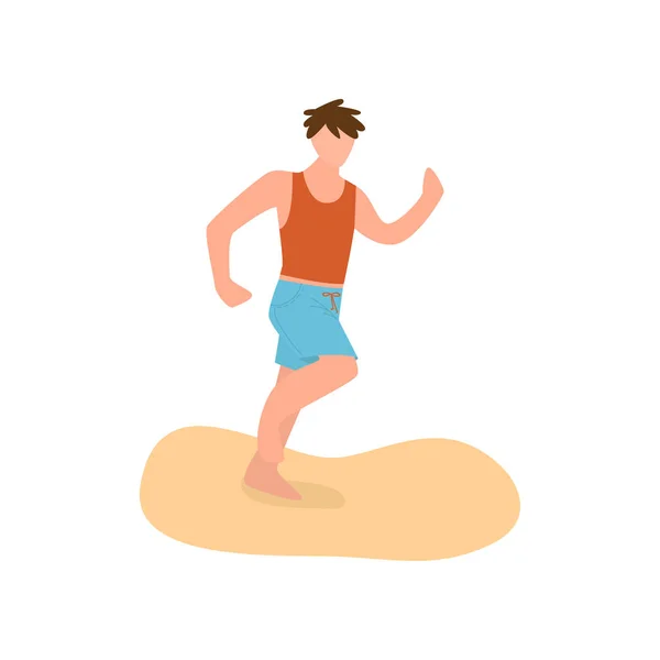 Rapaz bonito em calções azuis correndo na praia — Vetor de Stock
