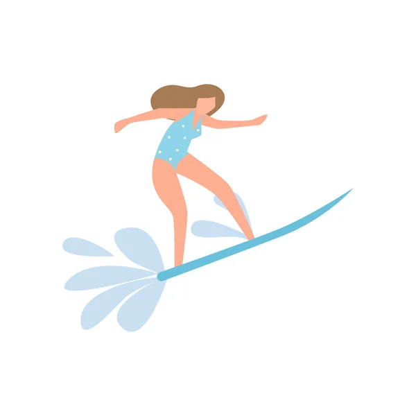 Student dziewczyna w niebieskim stroje kąpielowe surfing na fali oceanu — Wektor stockowy