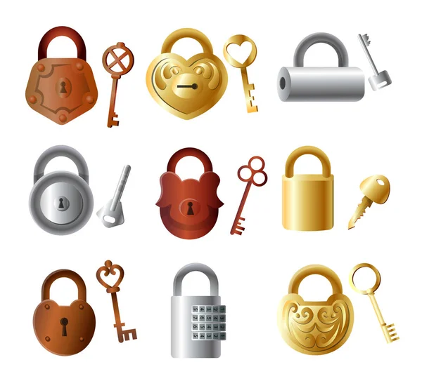 Conjunto de cadeado de metal colorido com chaves, cor dourada — Vetor de Stock