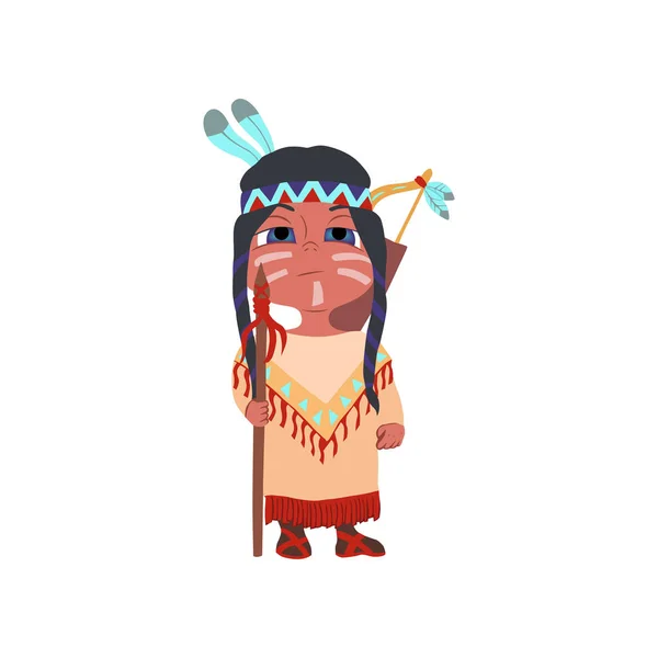 Roztomilé domorodé americké dítě s textilním oblečením a peřím — Stockový vektor