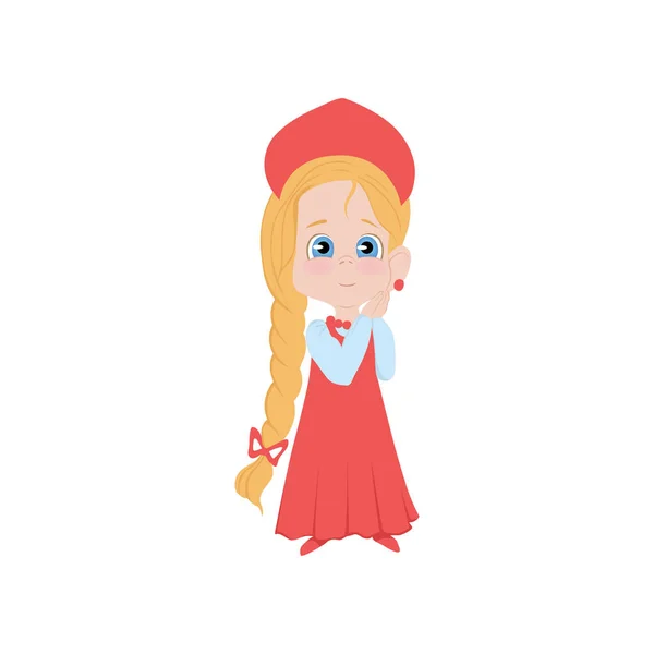Süße russische blonde Mädchen in rotem Kleid mit langen Haaren — Stockvektor