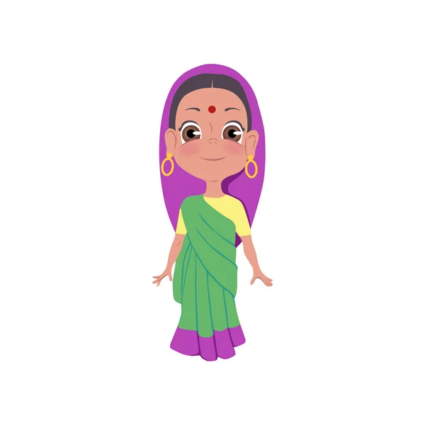 Söt leende indisk flicka i färgglada kläder och röd punkt — Stock vektor