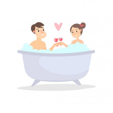 Şarap bardakları ile küvette Mutlu romantik genç çift