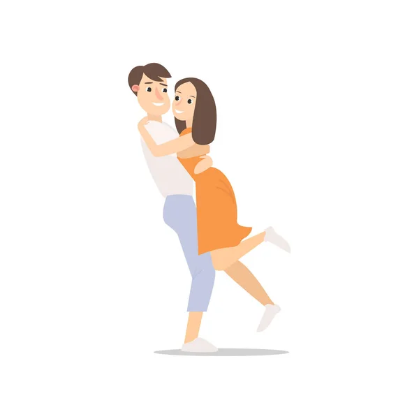 Carino sorridente e felice coppia romantica, l'uomo abbraccia la sua ragazza — Vettoriale Stock