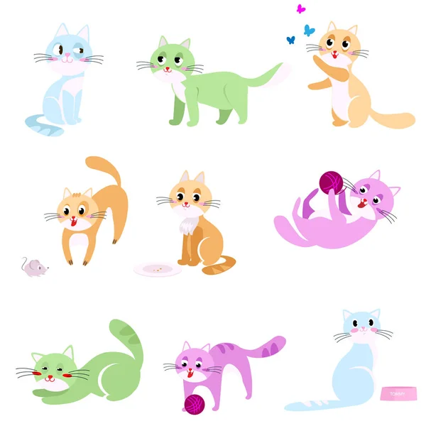 Set of colorful abstract cats in different home action — Stock Vector