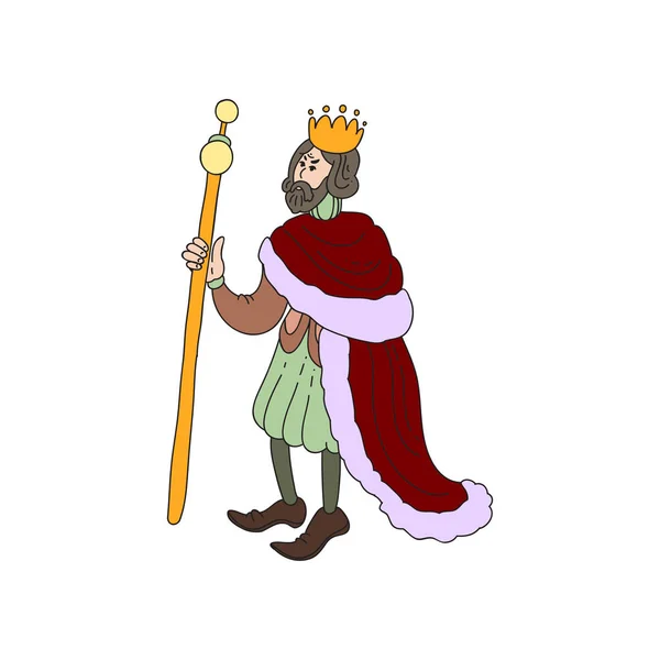 Triste rey medieval con corona de oro y ropa roja — Vector de stock