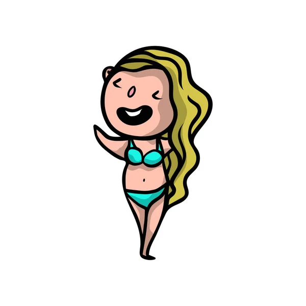 화창한 해변에서 화려한 수영복에 귀여운 섹시한 금발의 소녀 — 스톡 벡터