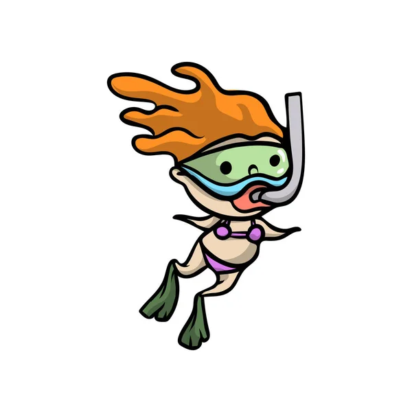 Linda chica de pelo rojo está buceando bajo el agua con máscara de snorkel — Vector de stock