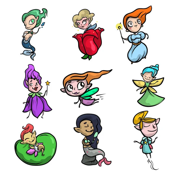 Ensemble de personnages de fées colorés mignons dans différentes poses — Image vectorielle