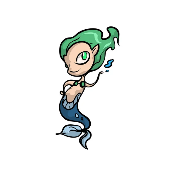 Roztomilá mořská panna nebo Nixie se zelenými vlasy a velkými oči — Stockový vektor