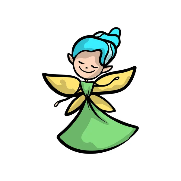 Hada linda con alas de oro, pelo azul y vestido verde — Vector de stock