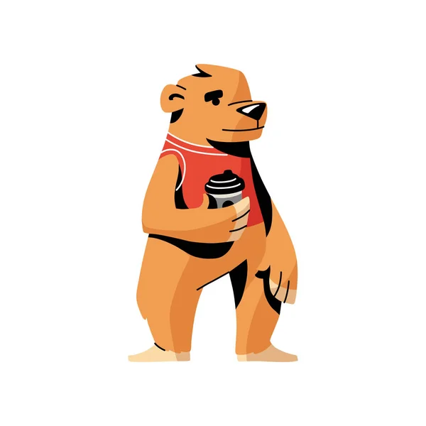 Söt brunbjörn i röd väst med varm kaffekopp — Stock vektor