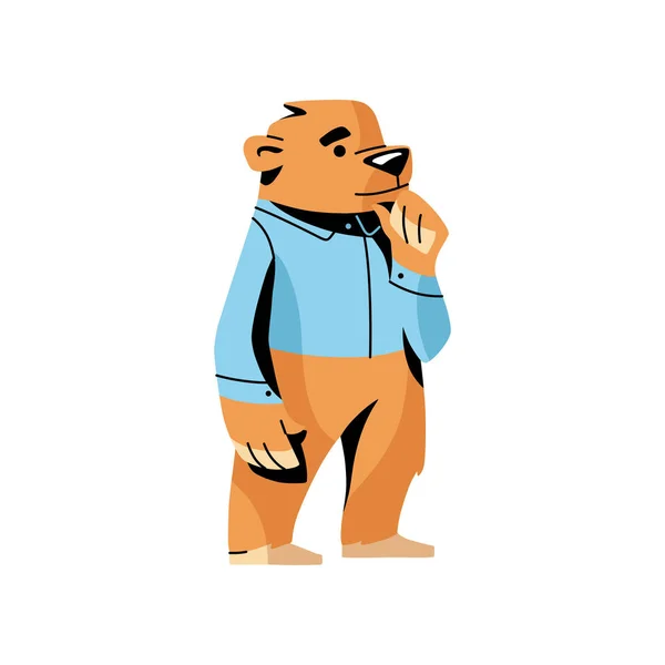 Lindo oso marrón con camisa azul pensando en una nueva idea — Vector de stock