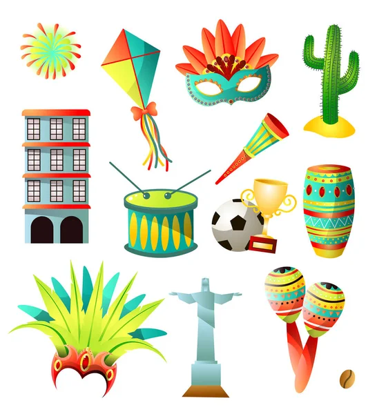 Conjunto de Brasil país iconos de colores, objetos tradicionales — Vector de stock