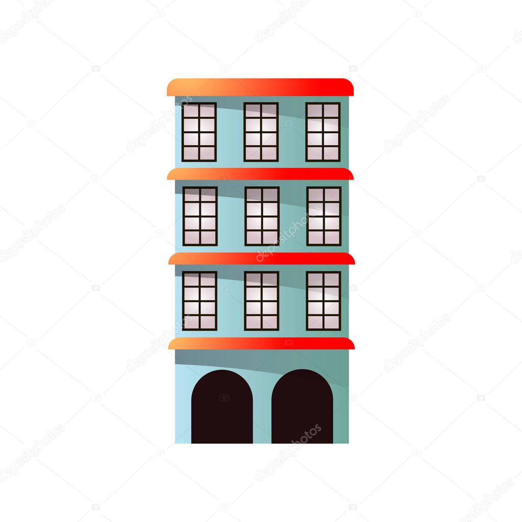 Brazil city building with multi floor, big windows and red roof. Cartoon style. Vector illustration on white background