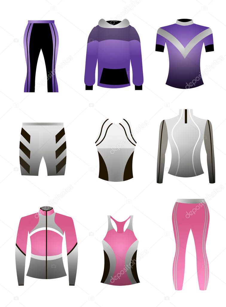 Set of colorful professional sport clothes, for running or indoor training for man and woman. Cartoon style. Vector illustration on white background