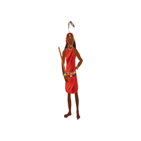Afrikanischer Aborigine-Musiker in roter farbenfroher Kleidung mit Vogelfeder — Stockvektor