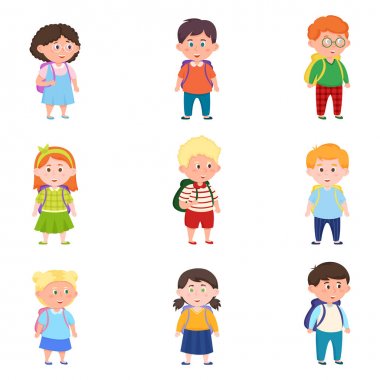 Sırt çantaları ile farklı sevimli ve mutlu okul çocuklar seti