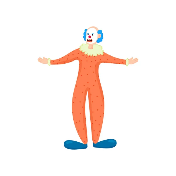 Skrämmande clown med blått hår, röda läppar och orangefärgade kläder — Stock vektor